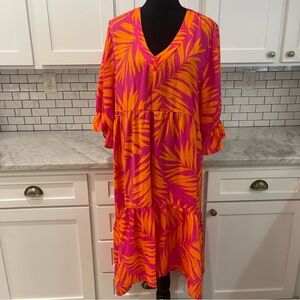 FairHope Dress Womens 2XL Orange Pink Size XXL Midi Tropical Tiered Bohemian